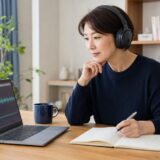 英語のリスニング音声とノートを使って復習する女性