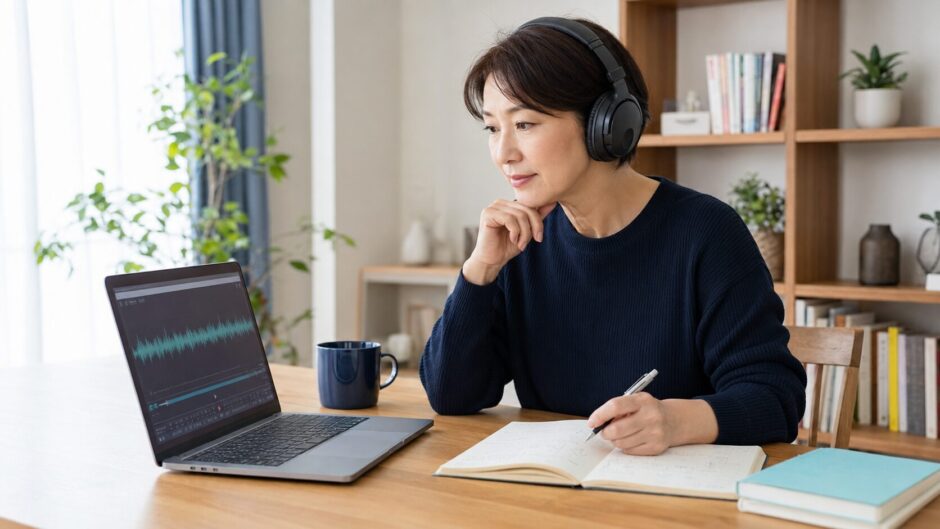 英語のリスニング音声とノートを使って復習する女性