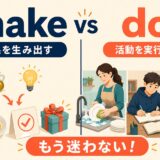 makeは結果を生み出しdoは活動を実行する違いを示す英語学習イラスト