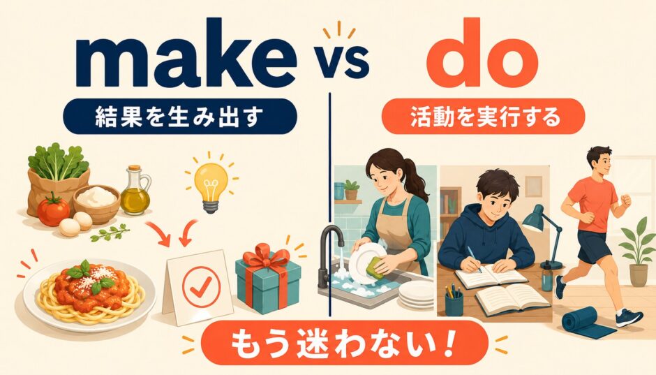 makeは結果を生み出しdoは活動を実行する違いを示す英語学習イラスト