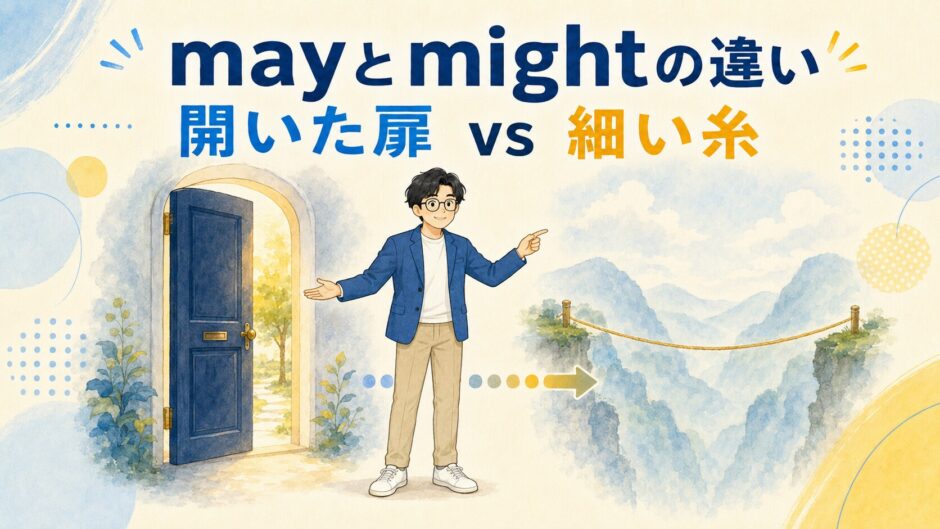 mayとmightの違いを開いた扉と細い糸で表したイラスト