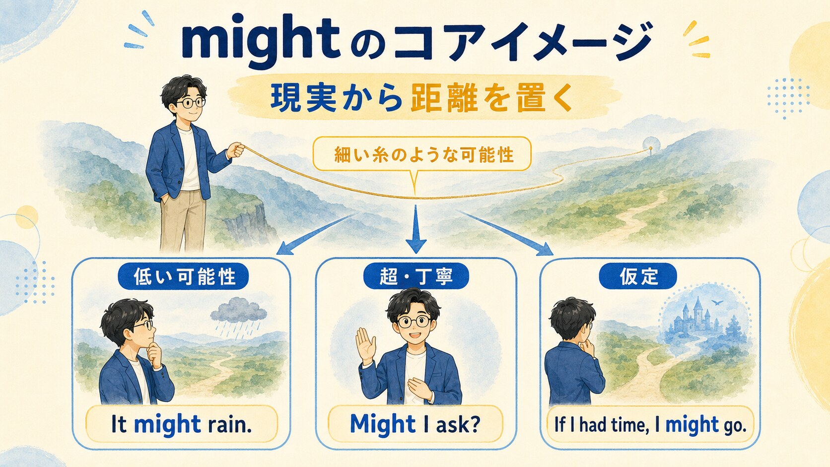mightの低い可能性・丁寧表現・仮定を距離感で説明する図解