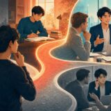 過去の選択が現在の英会話力につながる二つのルートを描いたイラスト