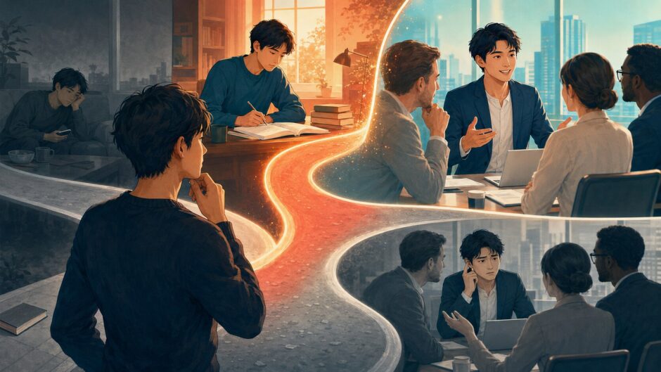 過去の選択が現在の英会話力につながる二つのルートを描いたイラスト