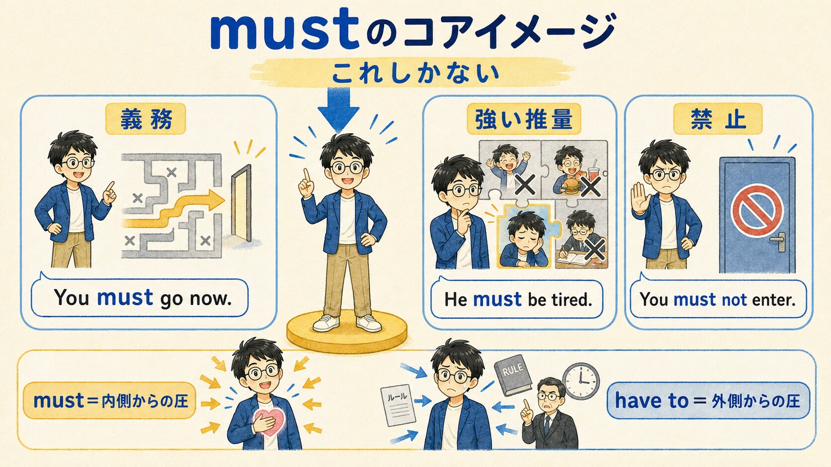 mustの義務・強い推量・禁止とhave toとの違いをコアイメージで整理した図解