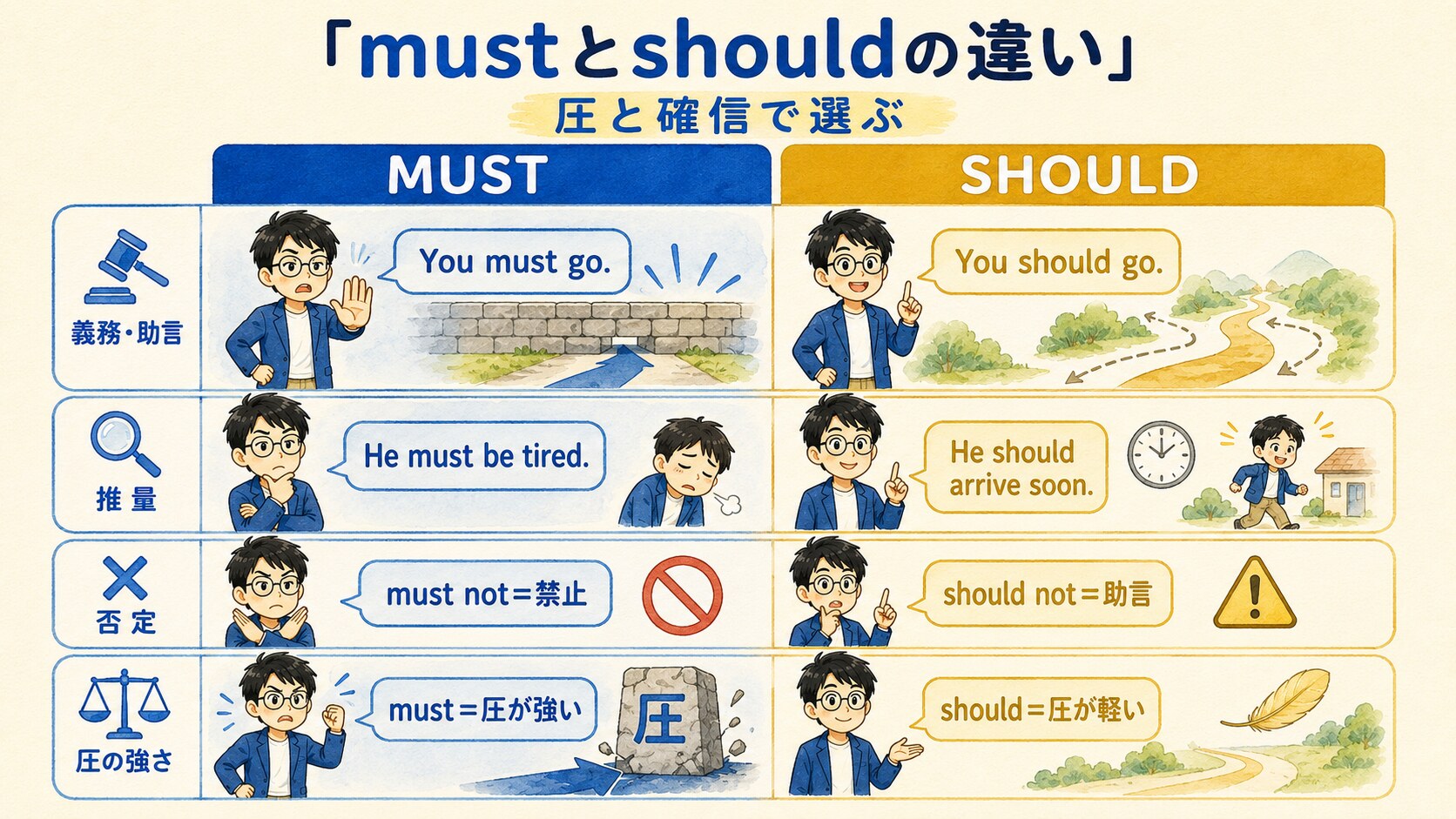 mustとshouldの義務・助言・推量・否定・圧の違いを比較した図解
