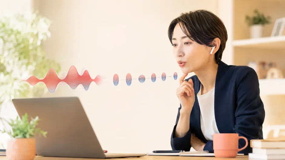 ネイティブ音声を聞いて発音を真似するが音が細かく途切れる英語学習者