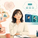 日本語の文末型の処理と英語の主語・動詞から始まる処理を比較する女性のイラスト