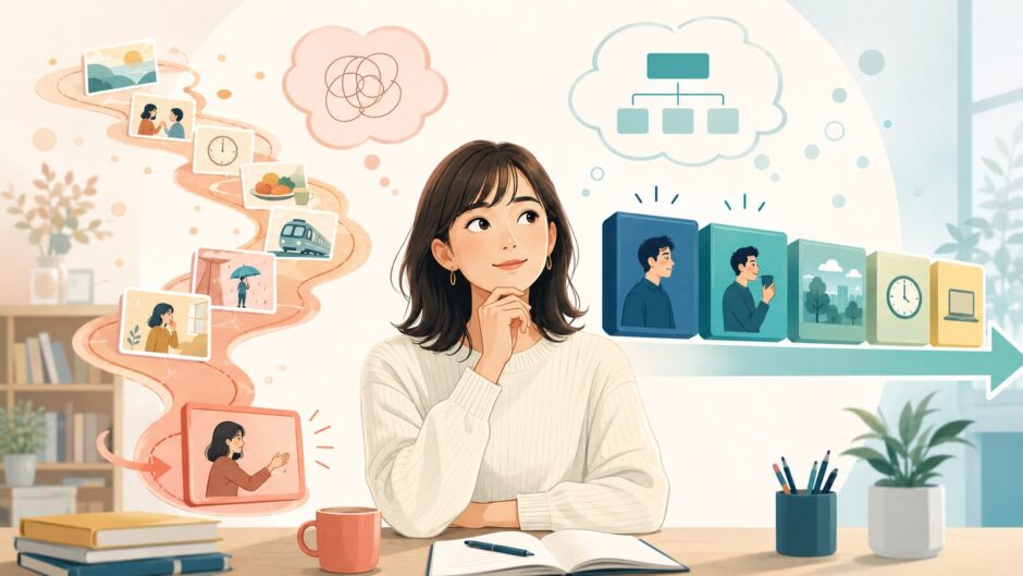 日本語の文末型の処理と英語の主語・動詞から始まる処理を比較する女性のイラスト