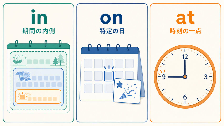 時間と日付を表すin・on・atの違いを、期間の内側・特定の日・時刻の一点で比較した図解