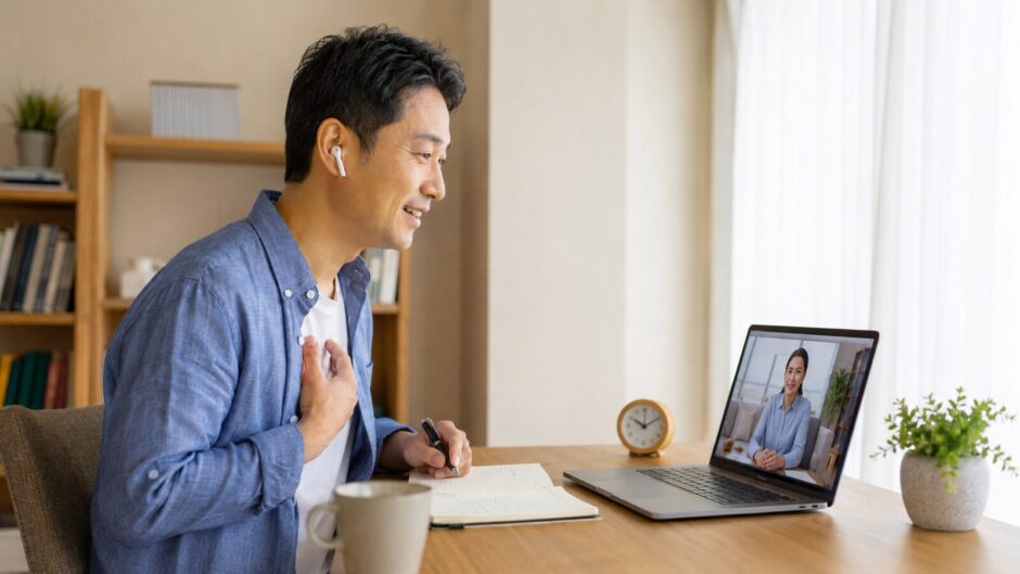 オンライン英会話のレッスン前に短い英語を準備する社会人