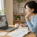 初めてのオンライン英会話に教材とノートを用意して参加する社会人女性