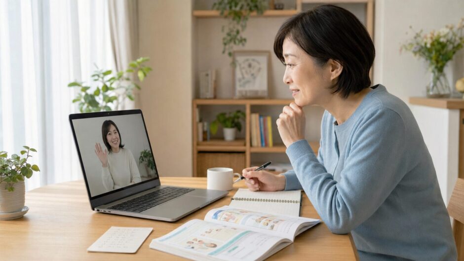 初めてのオンライン英会話に教材とノートを用意して参加する社会人女性