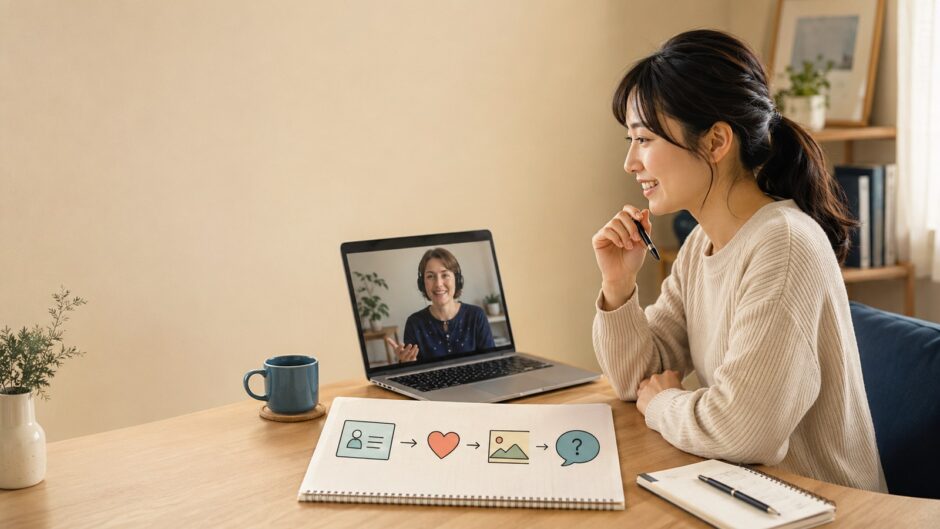 オンライン英会話のフリートークに向けて会話メモを準備する初心者
