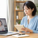 オンライン英会話のあとにノートを見直して次のレッスンを準備する社会人女性