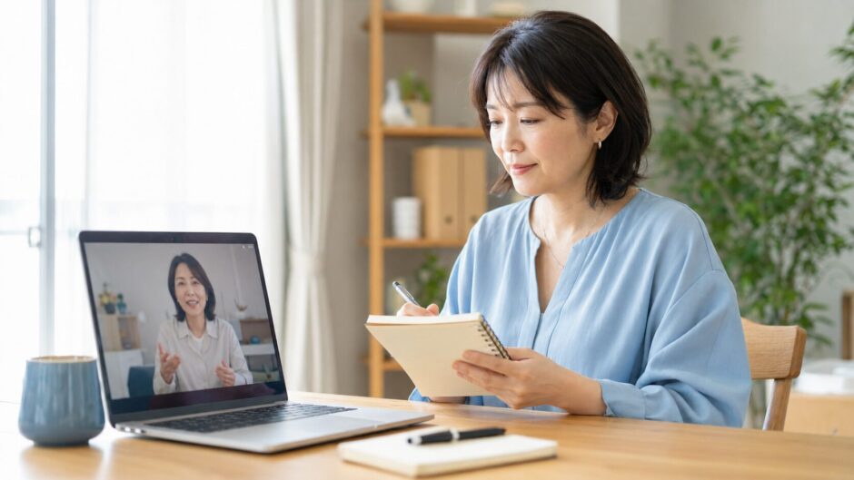 オンライン英会話のあとにノートを見直して次のレッスンを準備する社会人女性