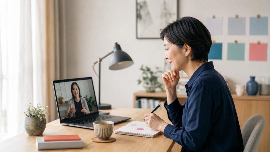 準備をしながら落ち着いてオンライン英会話を受ける社会人初心者