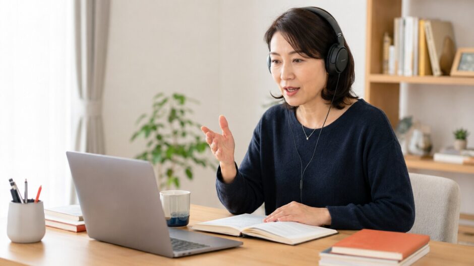 スクリプトを見ながら英語音声に合わせてオーバーラッピングする社会人女性