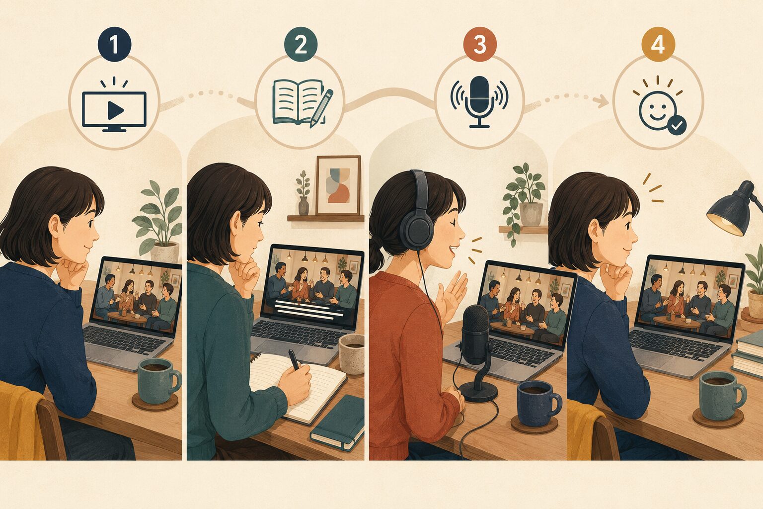 海外ドラマを視聴し、字幕確認、発話練習、再視聴へ進む英語学習の4ステップ