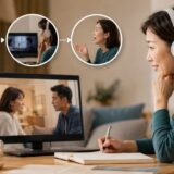 海外ドラマの場面を見て英語リスニングと発話を練習する女性