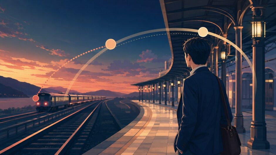 過去の駅への到着時点から、さらに前に出発済みの列車を振り返る過去完了形のイメージ