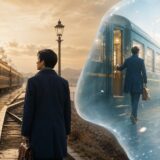 電車に乗り遅れた現実と間に合った仮想の過去を並べたイラスト
