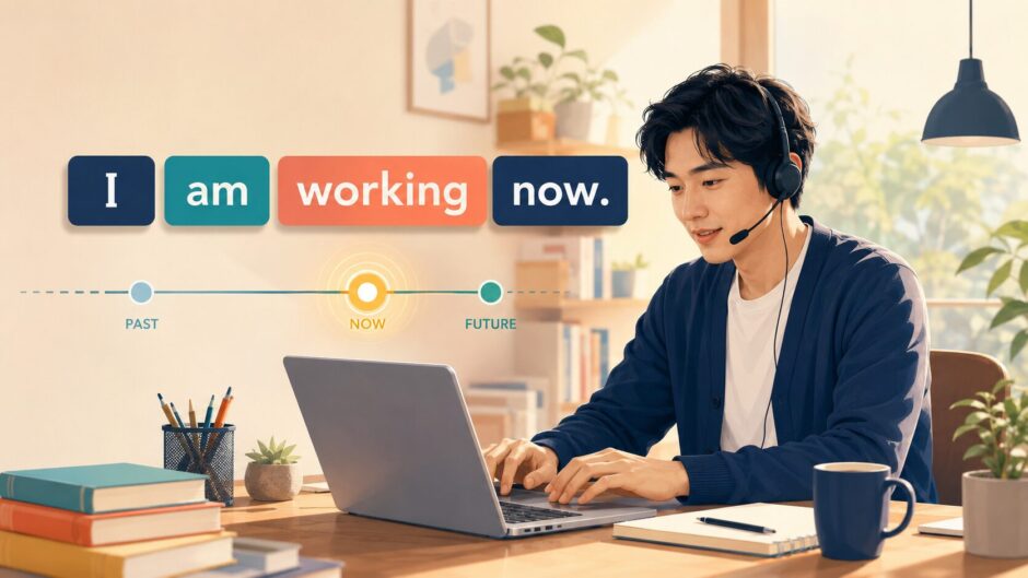 I am working nowと現在の時間軸を示す大人の英語学習者