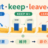 putは配置、keepは維持、leaveは残して離れる違いを同じ本で示したイラスト