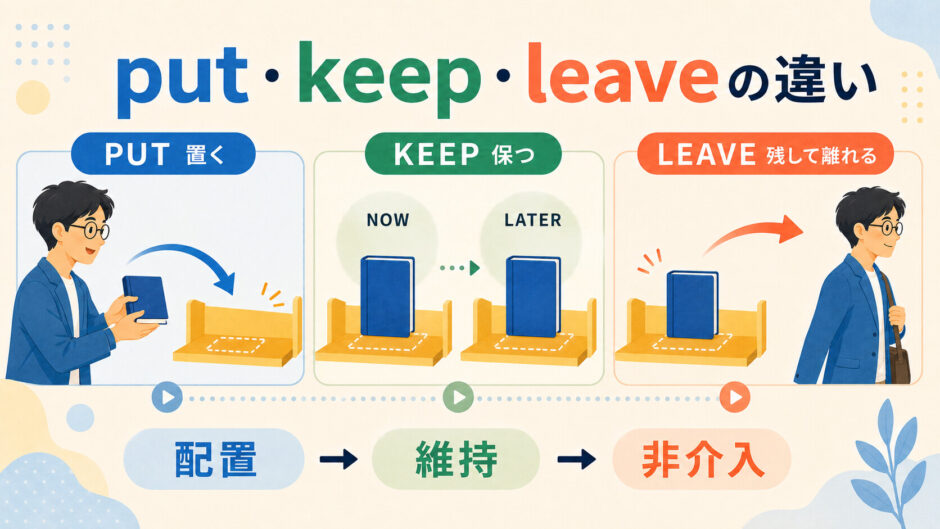 putは配置、keepは維持、leaveは残して離れる違いを同じ本で示したイラスト