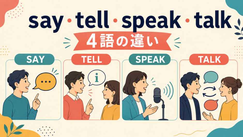 say・tell・speak・talkの4語の違いを表した英語学習イラスト