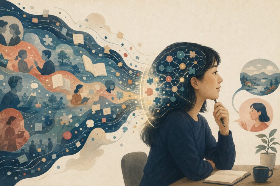 大量の英語の一部へ注意を向け、意味や既存知識と結びつけて学習材料へ変える学習者