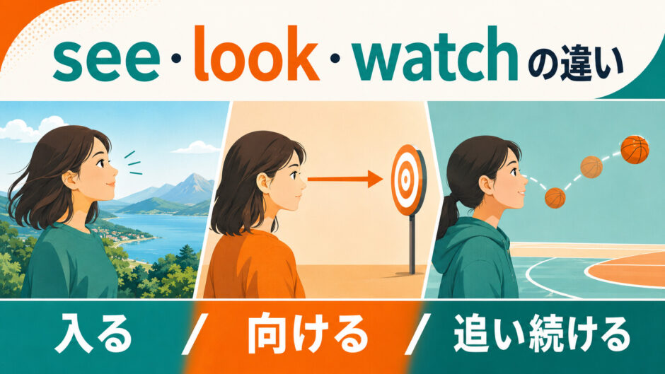 see・look・watchの違いを「入る・向ける・追い続ける」で表したイラスト
