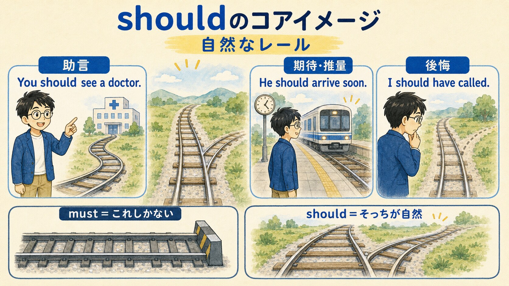 shouldの助言・期待・推量・後悔を自然なレールで整理した図解