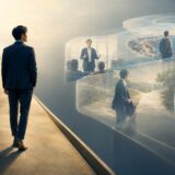現実の道から離れた仮想世界を見つめる人物の仮定法イメージ