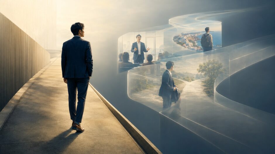 現実の道から離れた仮想世界を見つめる人物の仮定法イメージ