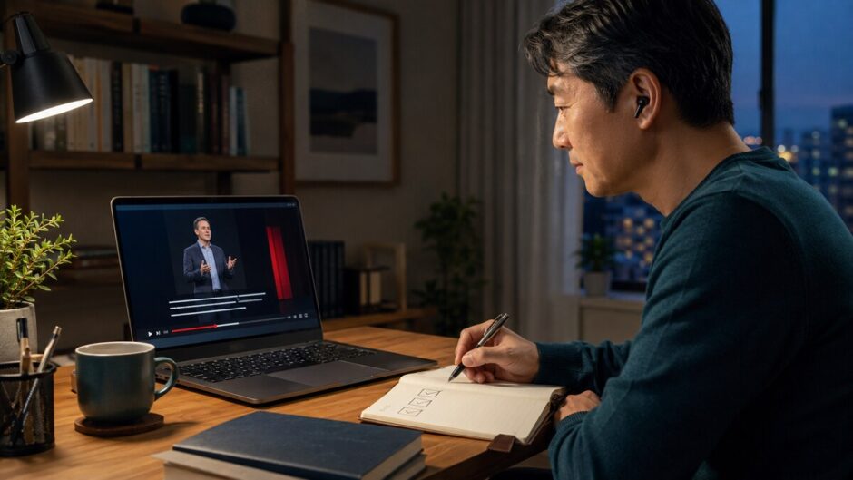 短い英語講演を字幕で確認しながらリスニング学習する大人