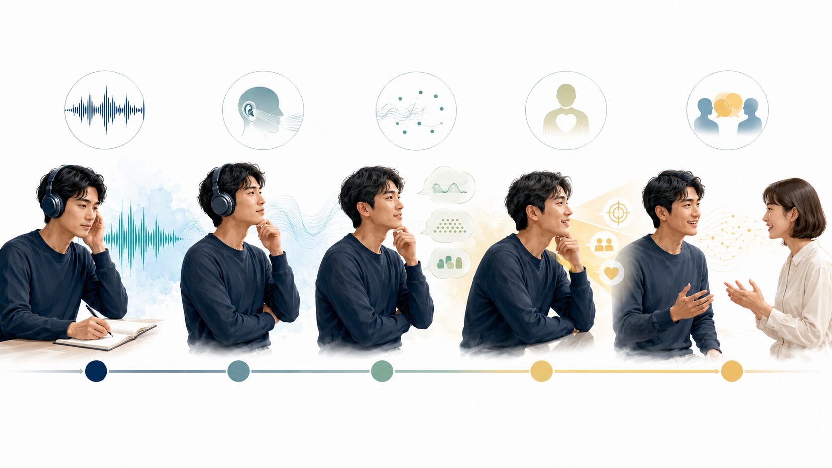 整った試験音声から音の変化と話者の意図を捉えて実会話へ移る5段階