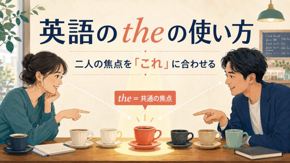 複数のカップの中から話し手と聞き手が同じカップへ焦点を合わせるtheのイメージ