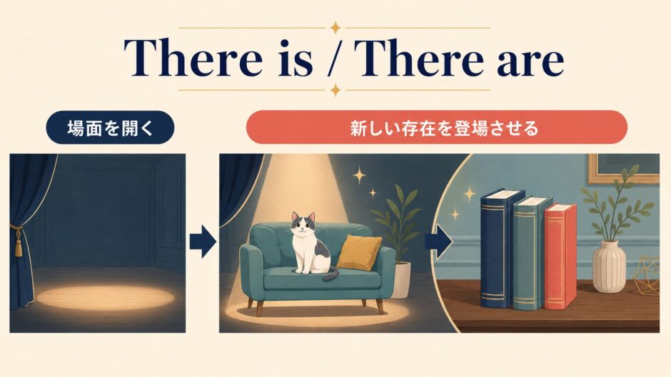 There isとThere areが場面を開いて新しい存在を登場させることを示す日本語図解