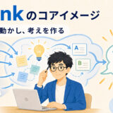 thinkは頭の中で材料を動かして意見や判断を作ることを示したイラスト