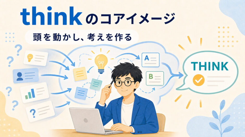 thinkは頭の中で材料を動かして意見や判断を作ることを示したイラスト