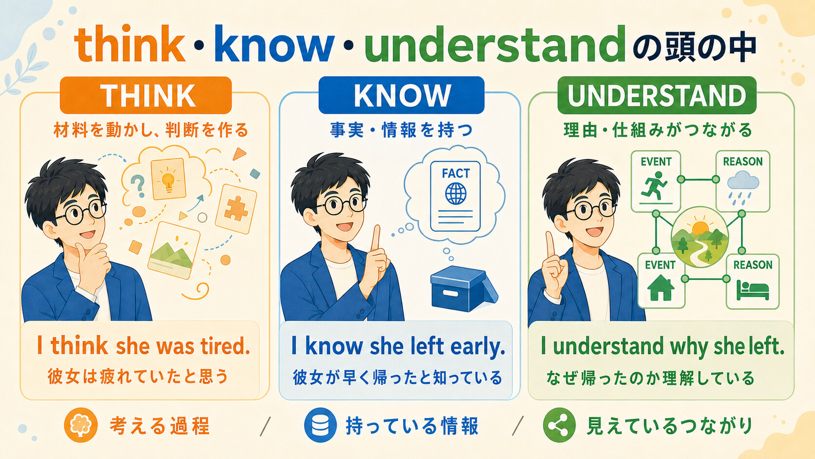 thinkは判断を作る、knowは事実を持つ、understandは理由や仕組みがつながるという違いを同じ場面の例文で比較した図解