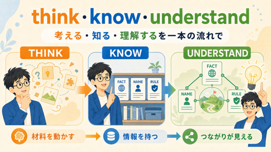 think・know・understandを、材料を動かす、情報を持つ、つながりが見えるという頭の中の役割で整理したアイキャッチ