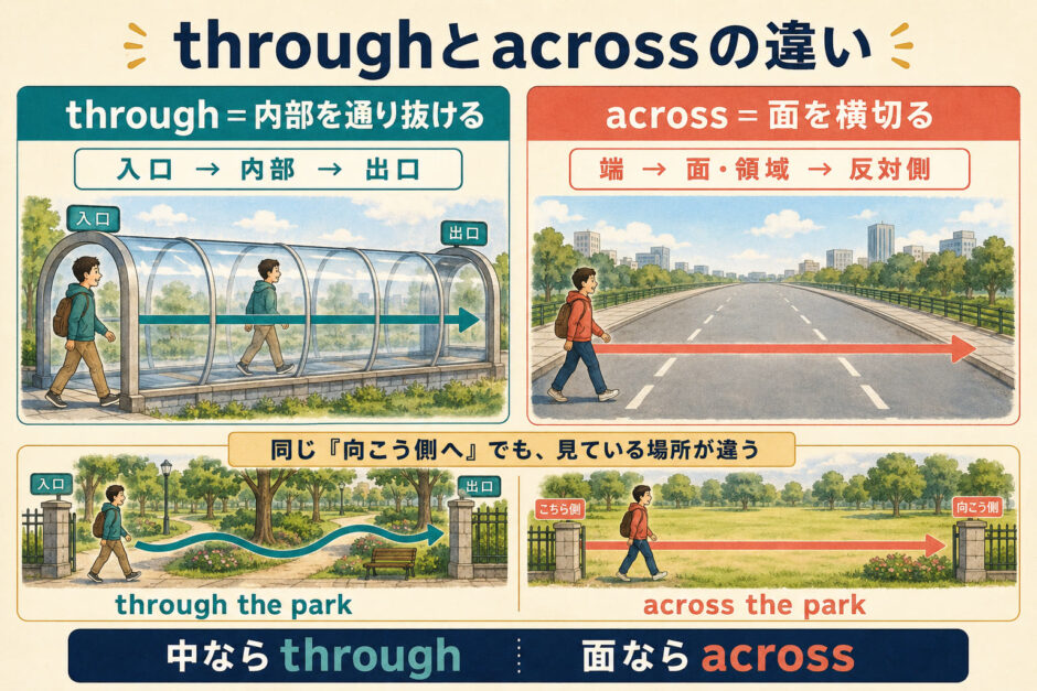 throughは内部を通り抜けacrossは面を横切る違いを比較した図解
