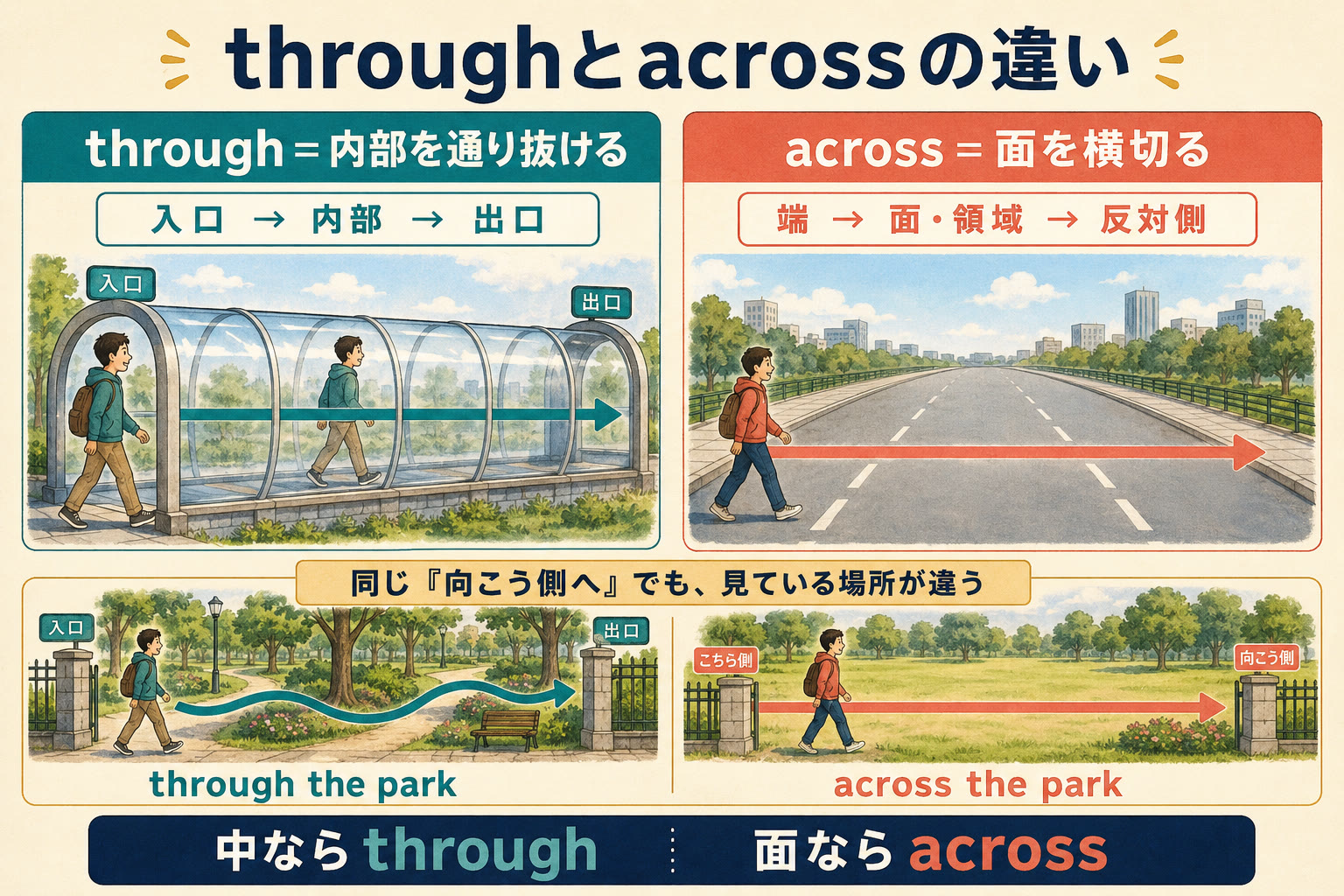 throughは内部を通り抜けacrossは面を横切る違いを比較した図解