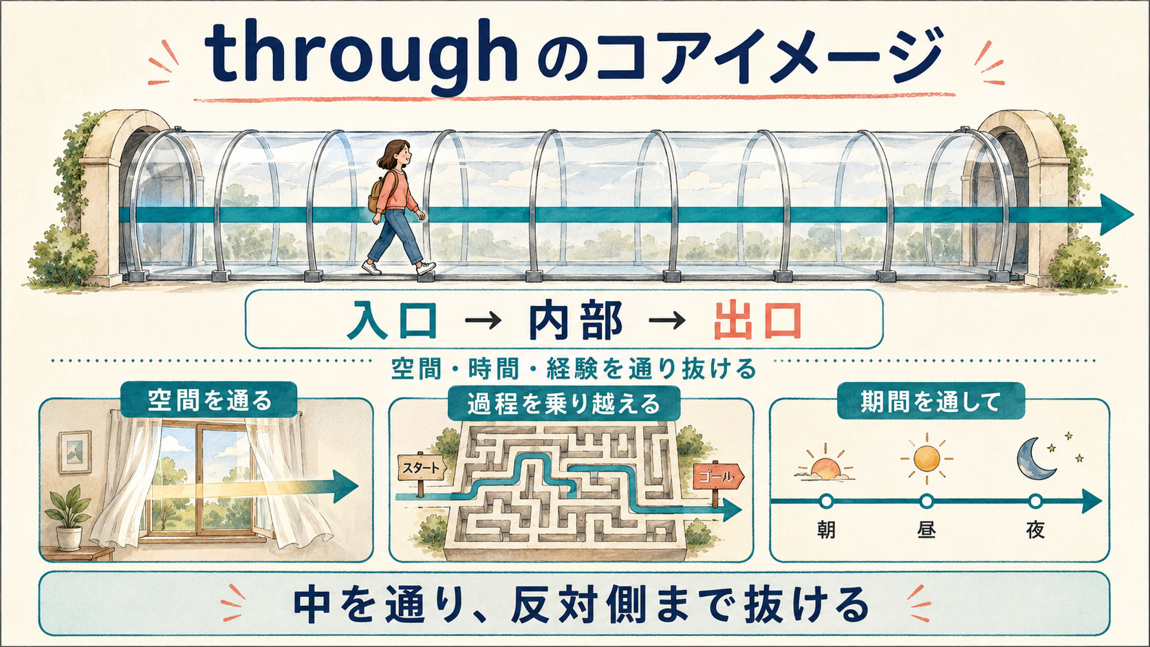 throughのコアイメージである入口から内部を通って出口へ抜ける動きを示した図解