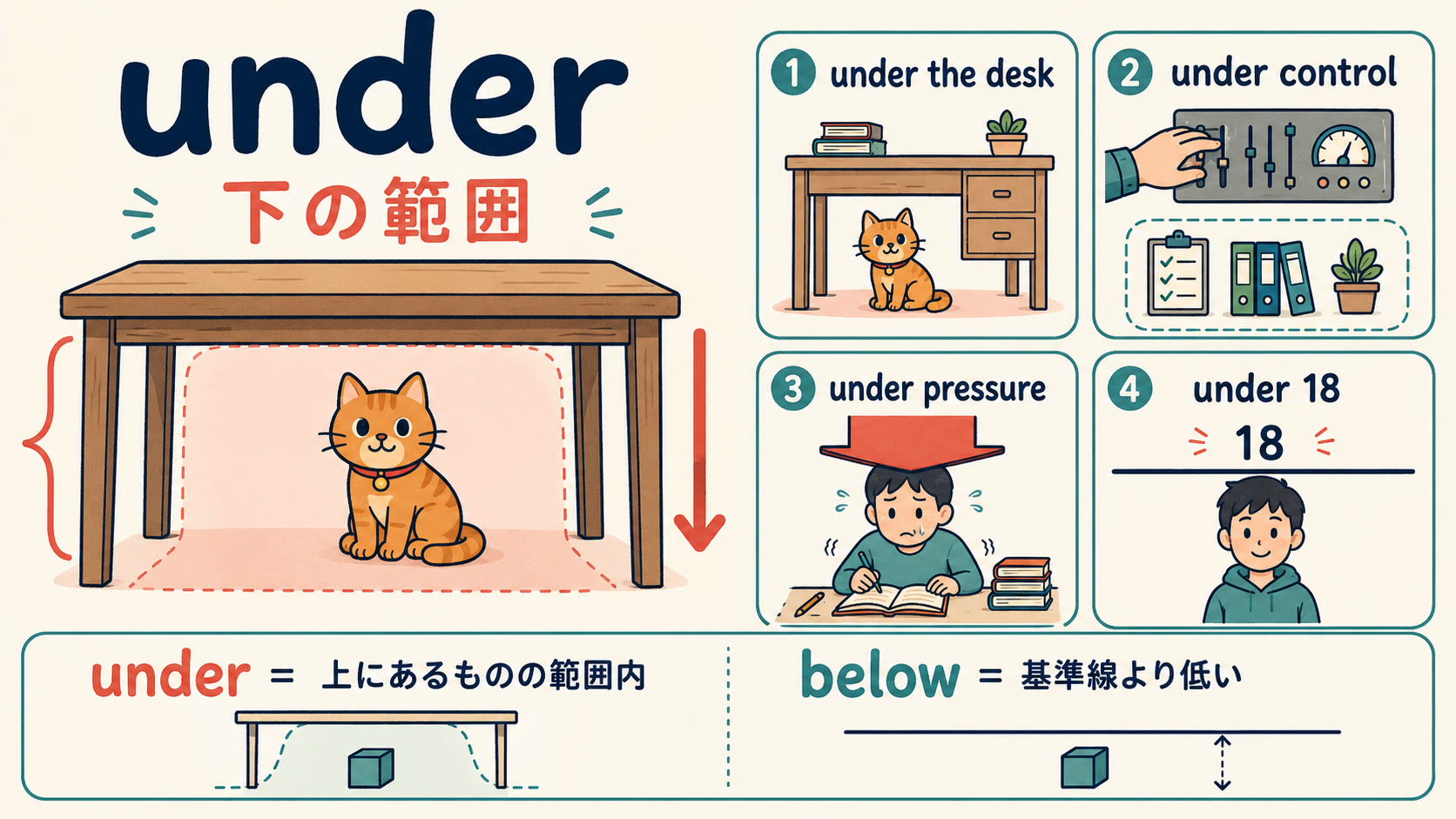 underのコアイメージ「上にあるものの影響が及ぶ下の範囲」を示す図解