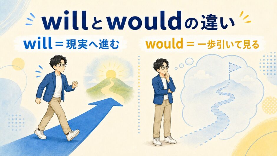 willは現実へ進みwouldは一歩引いて見るという違いを表したイラスト