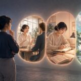 現在の現実から三つの願う世界を見つめる女性のイラスト