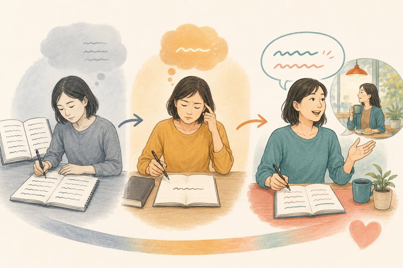 英単語を見ながら写す段階から、思い出して書き、自分の文として話す段階へ進む学習法